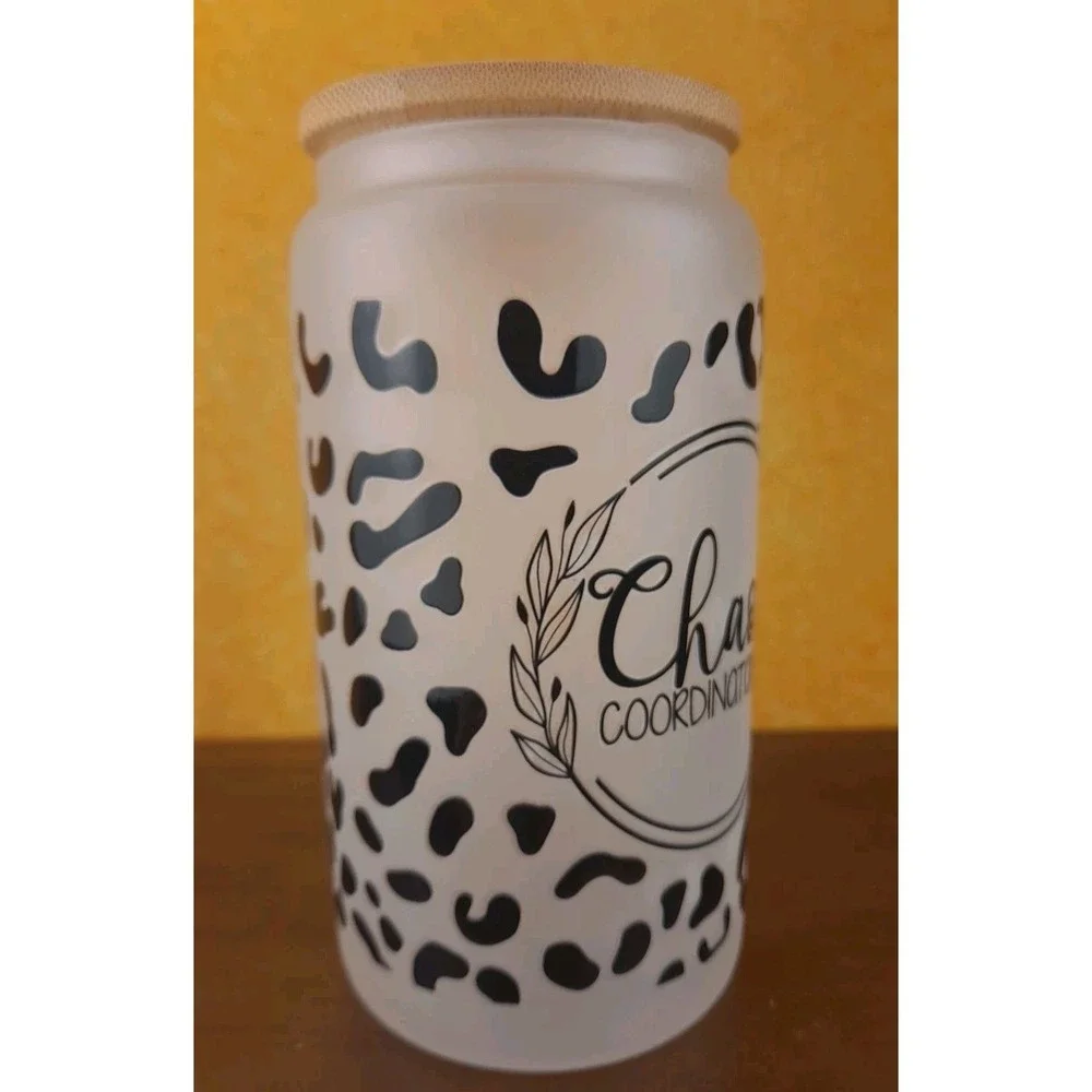 Chaos Coordinator Cheetah 12oz Frosted Glass Tumbler‎ With Straw Wood Top